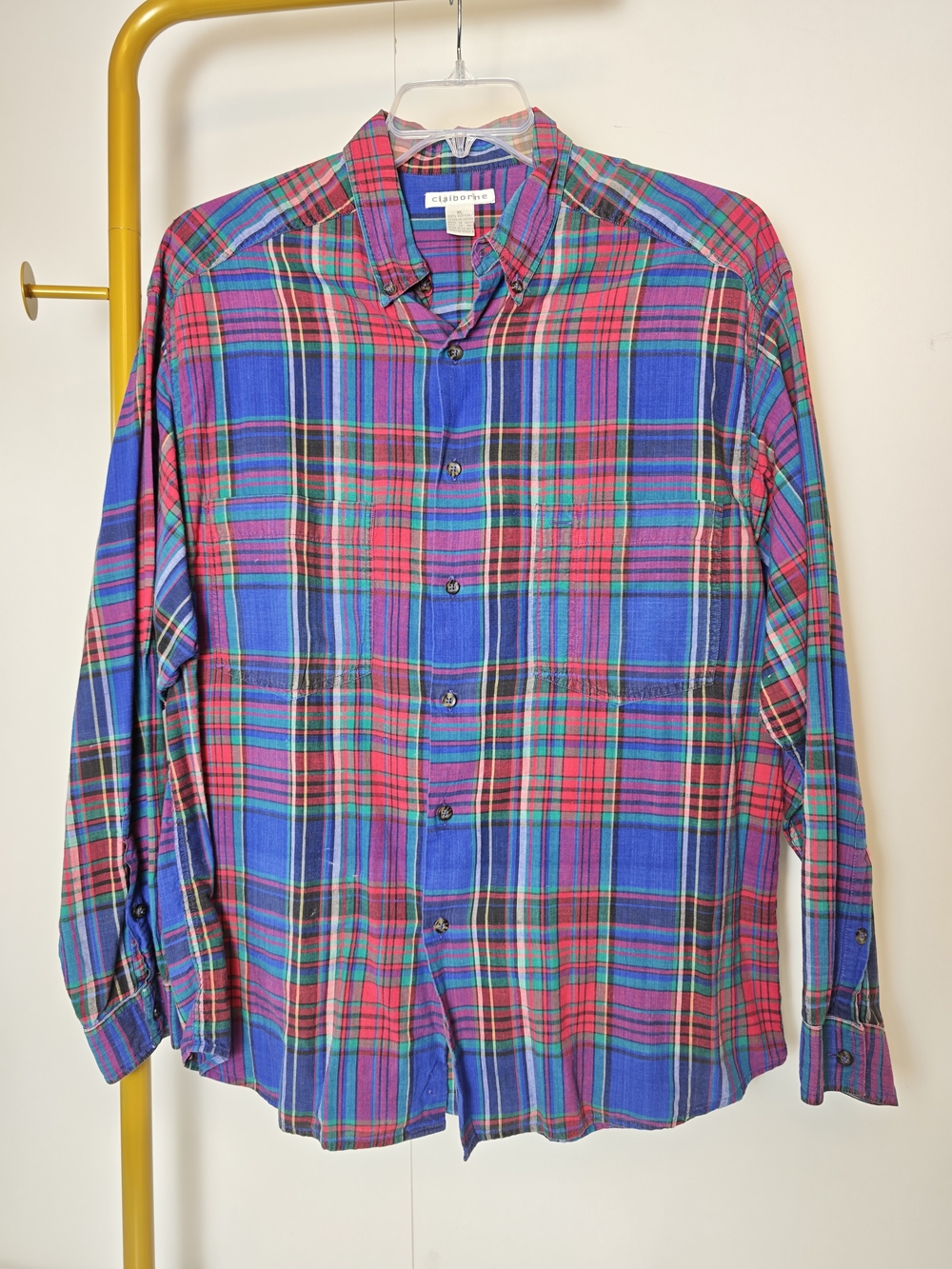Vintage 90s Claiborne Men’s Blue, Pink & Green Plaid Button-Down Shirt